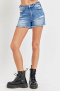 RISEN Full Size High Rise Distressed Raw Hem Denim Shorts - Hovatok