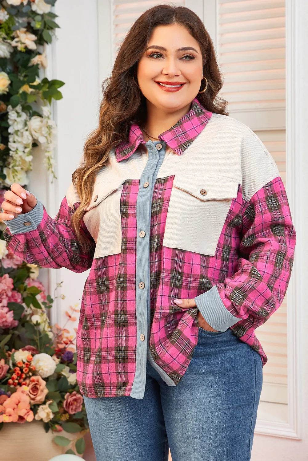 Plus Size Plaid Collared Neck Long Sleeve Shirt - Hovatok