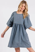 Mittoshop Washed Round Neck Puff Sleeve Denim Dress - Hovatok