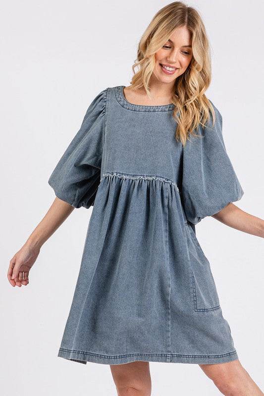 Mittoshop Washed Round Neck Puff Sleeve Denim Dress - Hovatok