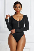 Half Zip Scoop Neck Long Sleeve Bodysuit - Hovatok