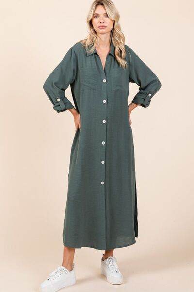 Mittoshop Airflow V-Neck Long Sleeve Button Down Maxi Dress - Hovatok
