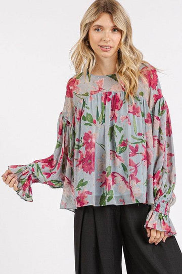 Mittoshop Floral Round Neck Flounce Sleeve Blouse - Hovatok