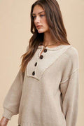 Annie Wear Half Button Ribbed Hem Sweater - Hovatok