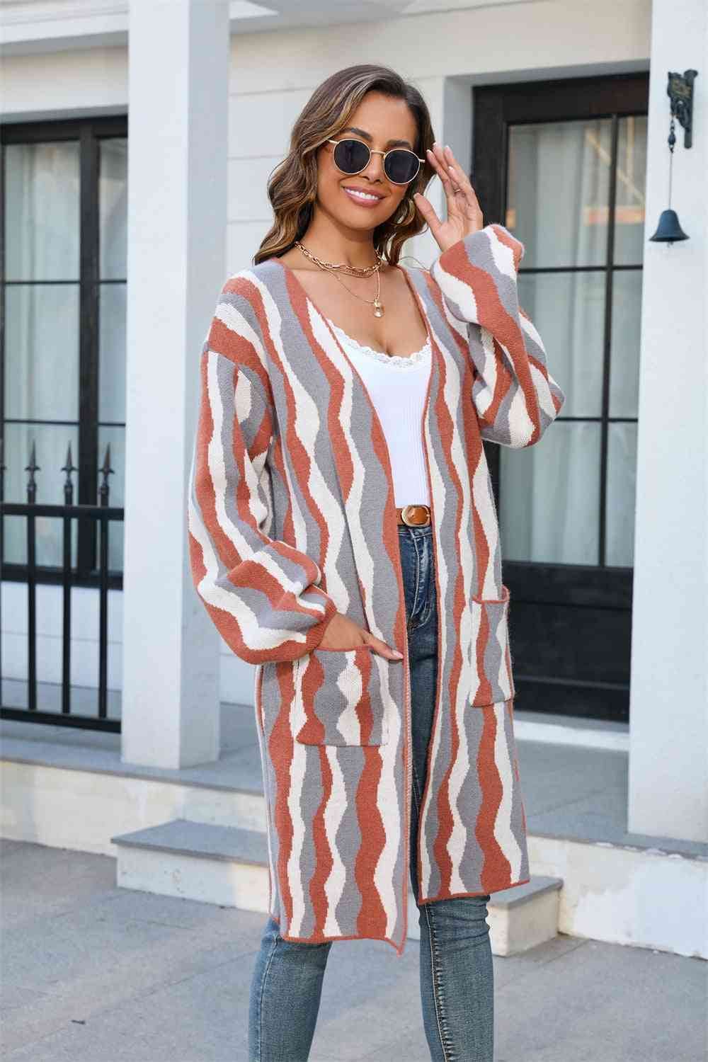 Angel Wings Printed Open Front Pocketed Cardigan - Hovatok