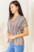 Shiny Multicolored Stripe Notched Neck Top - Hovatok