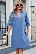 Johnny Collar Half Sleeve Denim Dress - Hovatok