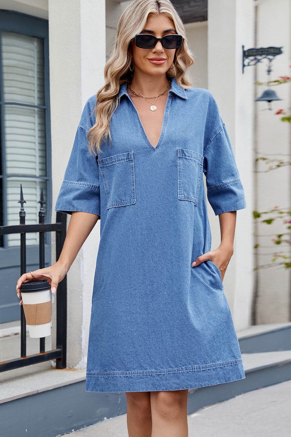 Johnny Collar Half Sleeve Denim Dress - Hovatok