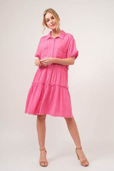 And The Why Full Size Raw Edge Washed Tiered Shirt Dress - Hovatok