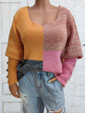Color Block Decorative Button Long Sleeve Sweater - Hovatok