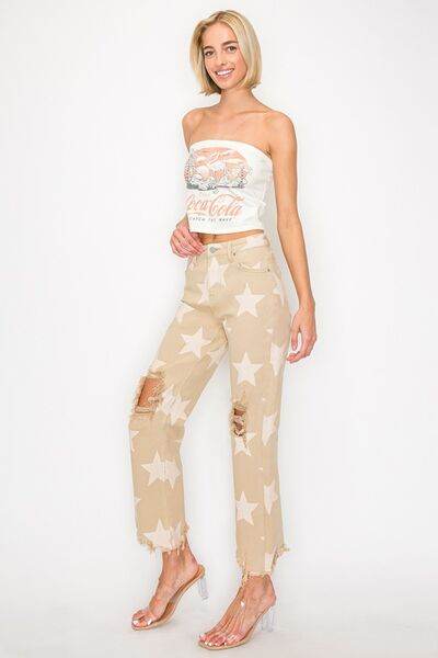 RISEN Full Size High Rise Star Printed Frayed Hem Jeans - Hovatok