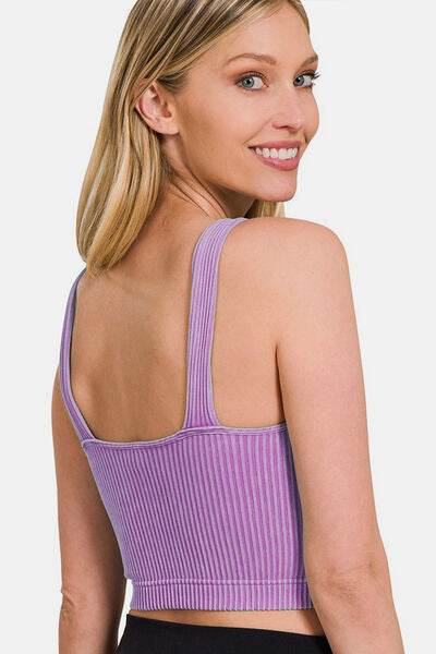Zenana Washed Ribbed Cropped Bra Padded Tank - Hovatok