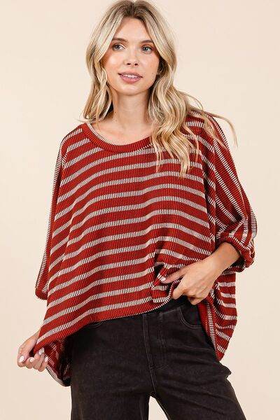 Mittoshop Texture Striped Print Round Neck Dolman Sleeve Top - Hovatok
