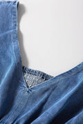 V Neck Short Sleeve Smocked Back Denim Jumpsuit - Hovatok