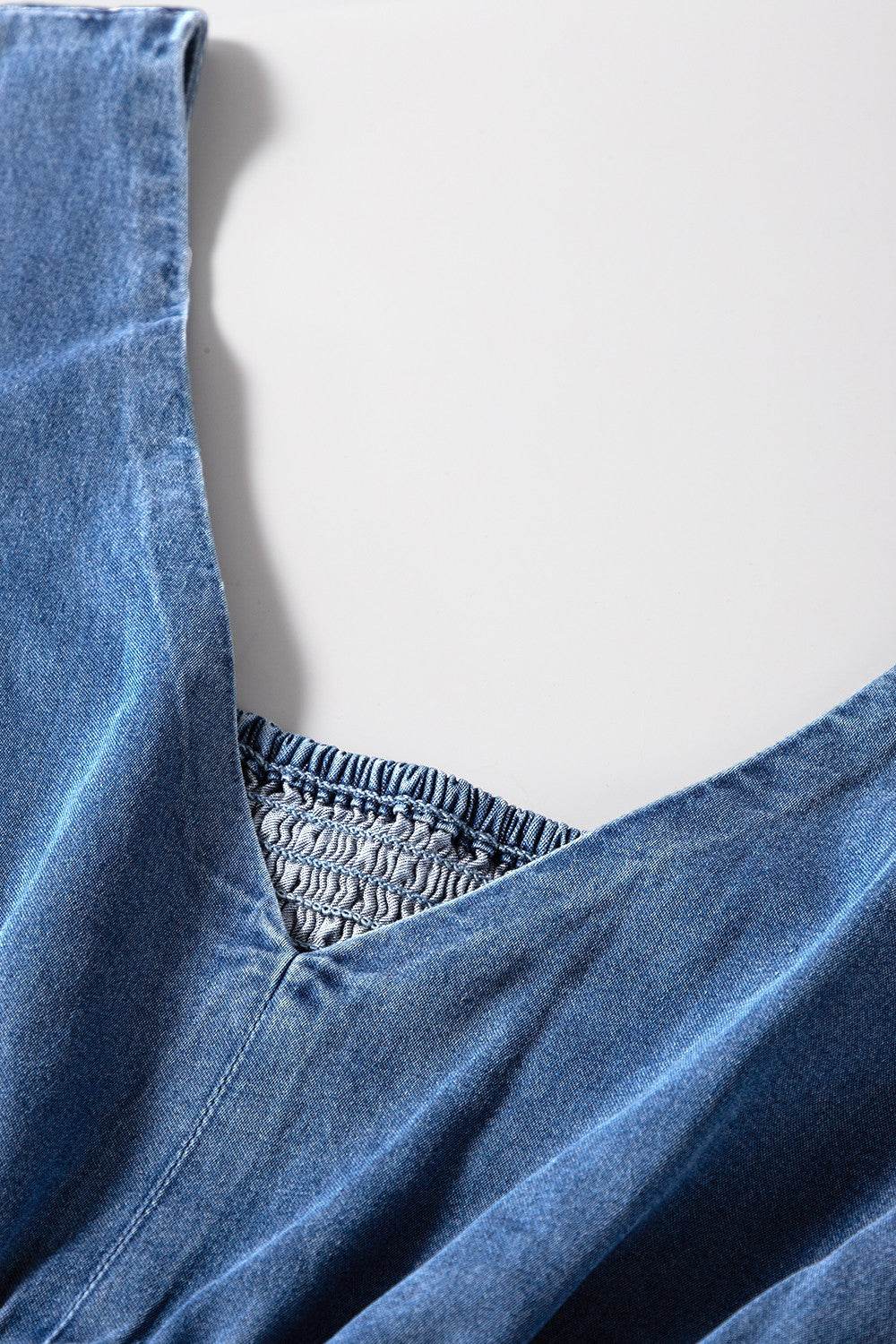 V Neck Short Sleeve Smocked Back Denim Jumpsuit - Hovatok