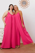 Double Take Full Size Ruffle Trim Tie Back Cami Jumpsuit with Pockets - Hovatok