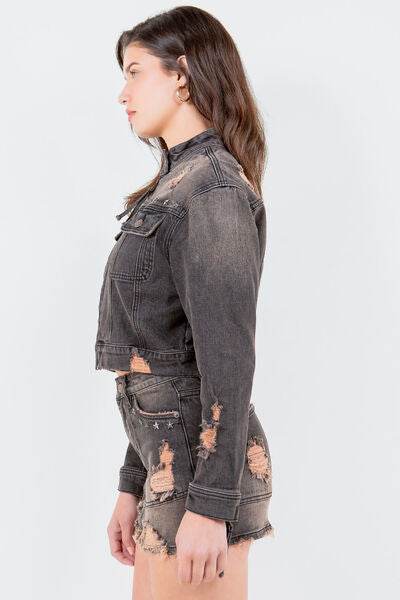 American Bazi Full Size Distressed Star Stud Trim Denim Rider Jacket Plus Size - Hovatok