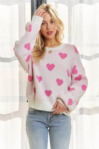 ADORA Heart Round Neck Drop Shoulder Sweater - Hovatok