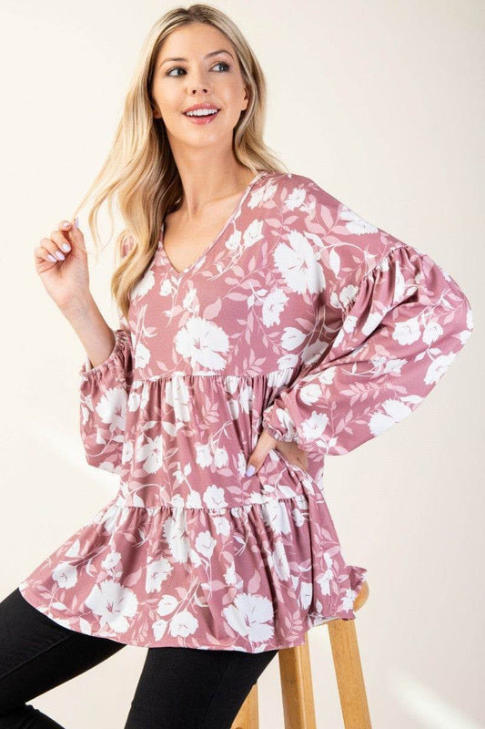 Celeste Full Size Tiered Floral V-Neck Long Sleeve Blouse - Hovatok