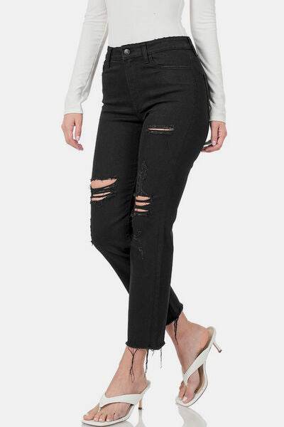 Zenana Distressed Raw Hem Cropped Jeans - Hovatok