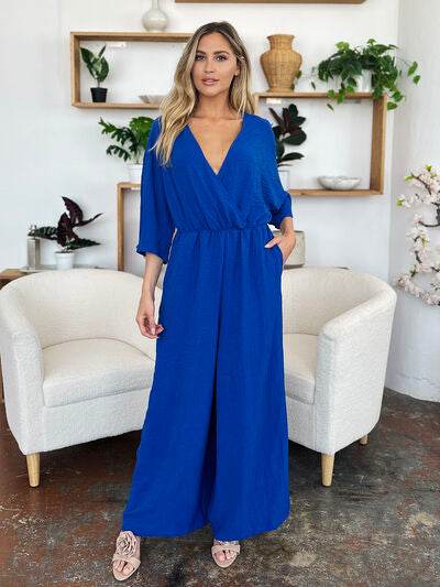 Double Take Full Size Surplice Wide Leg Jumpsuit with Pockets - Hovatok