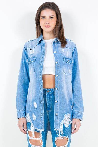 American Bazi Frayed Hem Distressed Denim Shirt Jacket - Hovatok