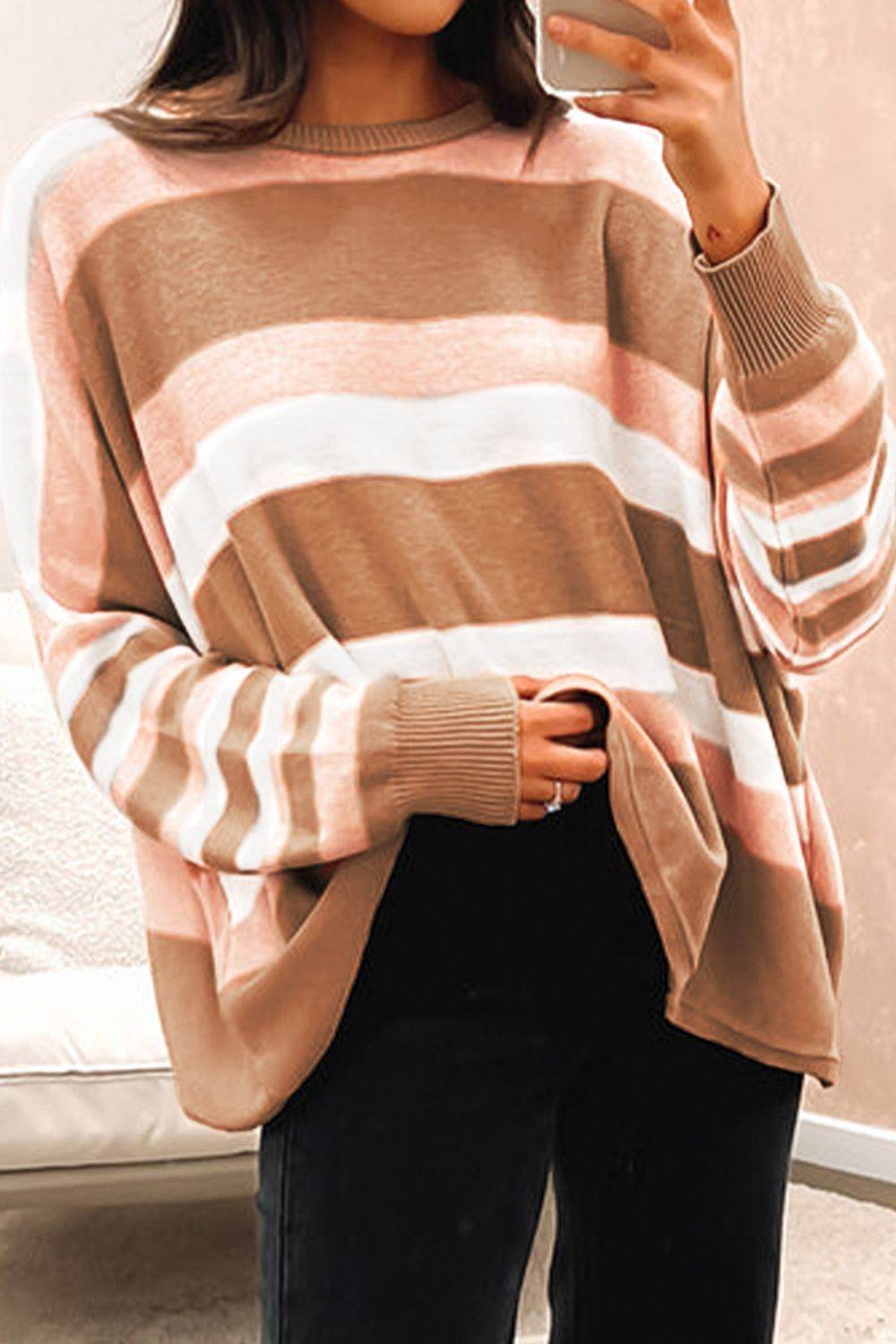 Striped Round Neck Long Sleeve Sweater - Hovatok