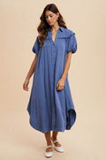 Annie Wear Mineral Washed Button Down Puff Sleeve Shirt Dress - Hovatok