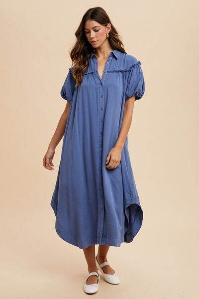 Annie Wear Mineral Washed Button Down Puff Sleeve Shirt Dress - Hovatok