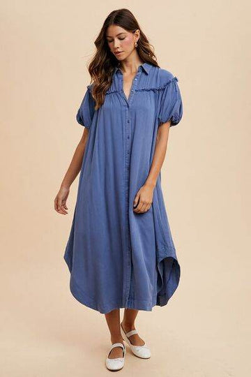 Annie Wear Mineral Washed Button Down Puff Sleeve Shirt Dress - Hovatok