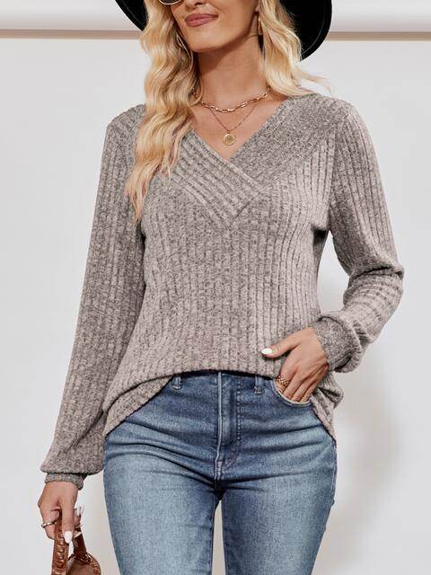 V-Neck Ribbed Long Sleeve Top - Hovatok