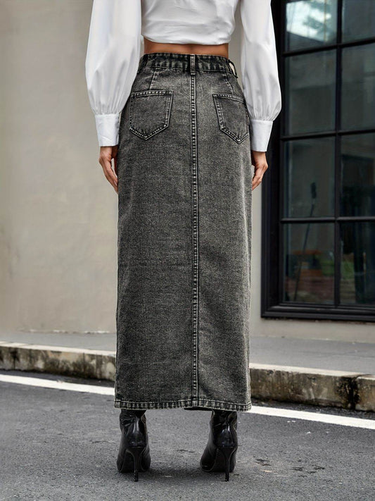 Button Up High Rise Denim Skirt - Hovatok