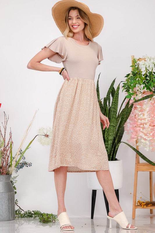Celeste Plus Size Polka Dot Round Neck Flutter Sleeve Midi Dress - Hovatok