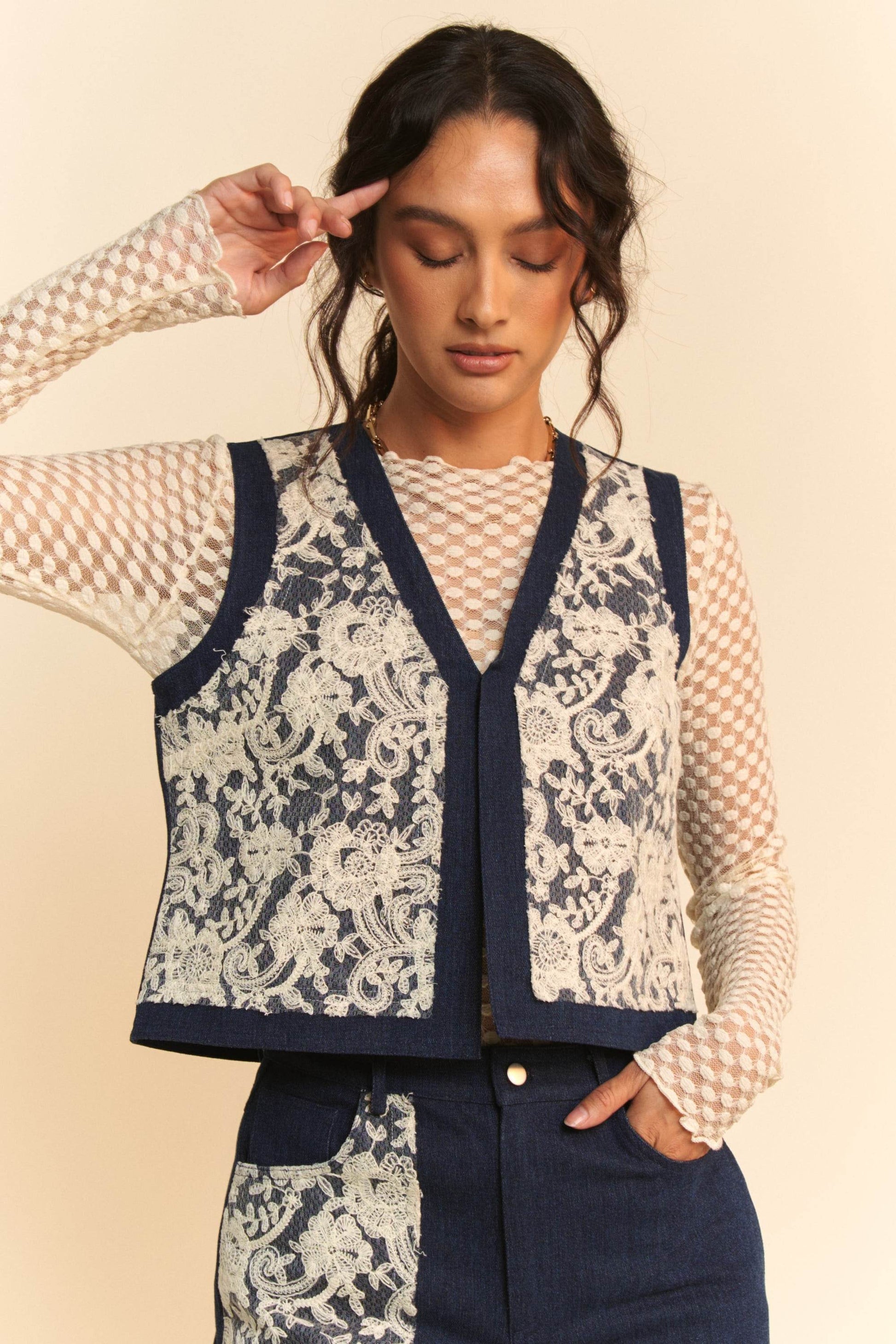 Davi & Dani Lace Patch Open Front Denim Vest - Hovatok