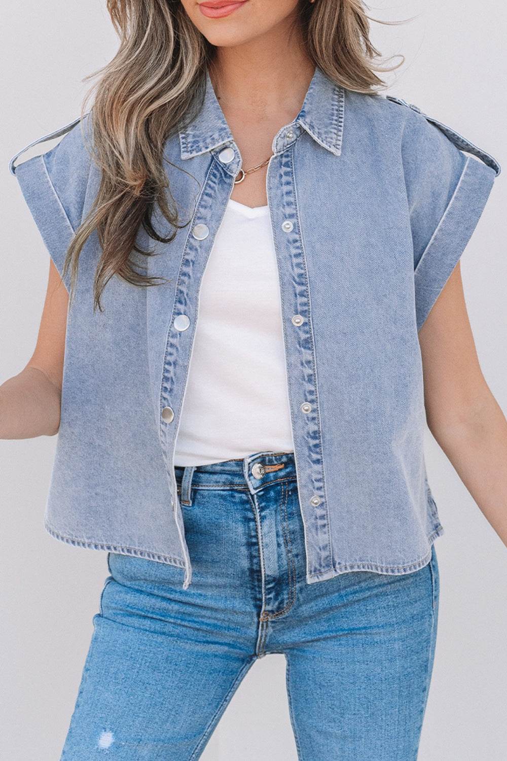 Snap Down Cap Sleeve Denim Top - Hovatok
