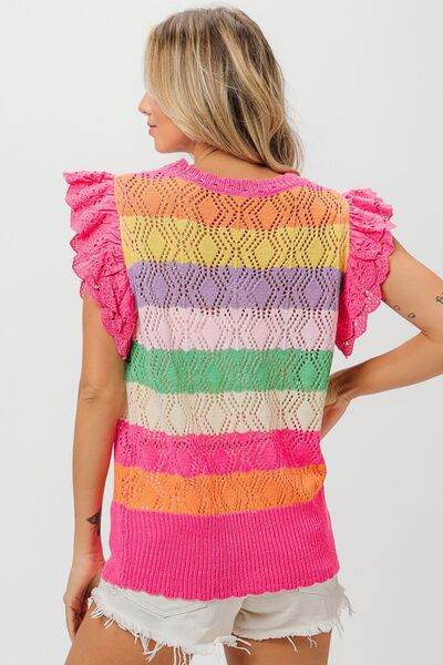 BiBi Pointelle Striped Ruffled Knit Top - Hovatok
