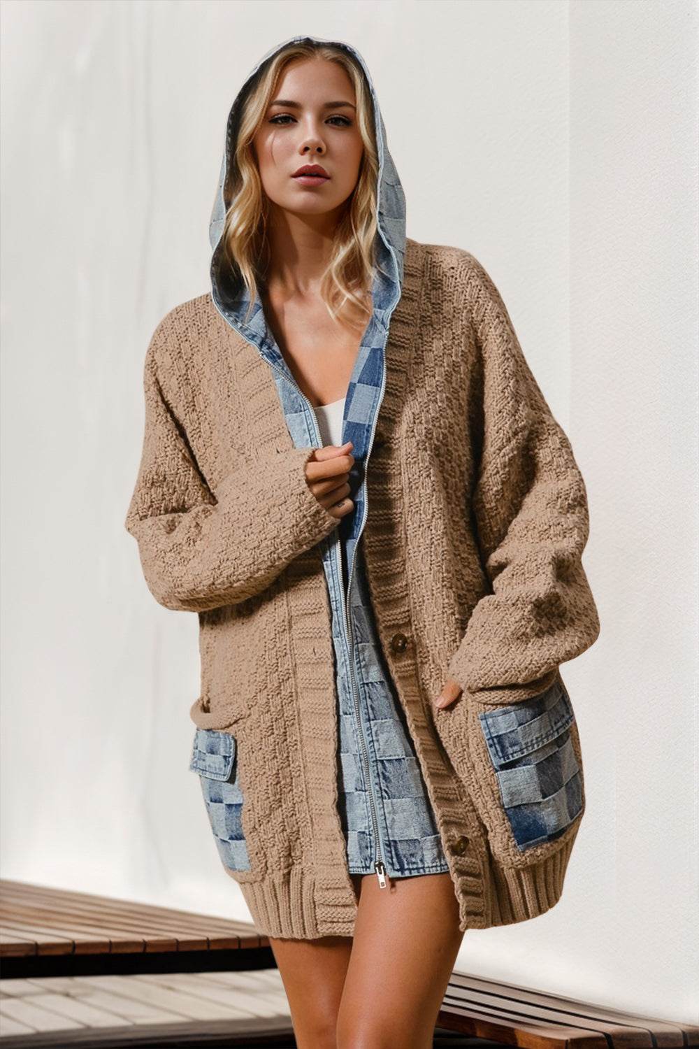 Double Take Full Size Hooded Denim Spliced Sweater Cardigan - Hovatok