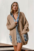 Double Take Full Size Hooded Denim Spliced Sweater Cardigan - Hovatok