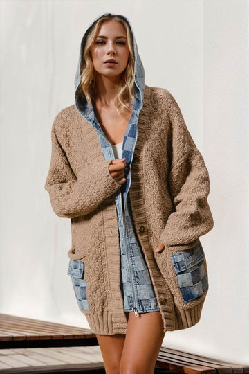 Double Take Full Size Hooded Denim Spliced Sweater Cardigan - Hovatok