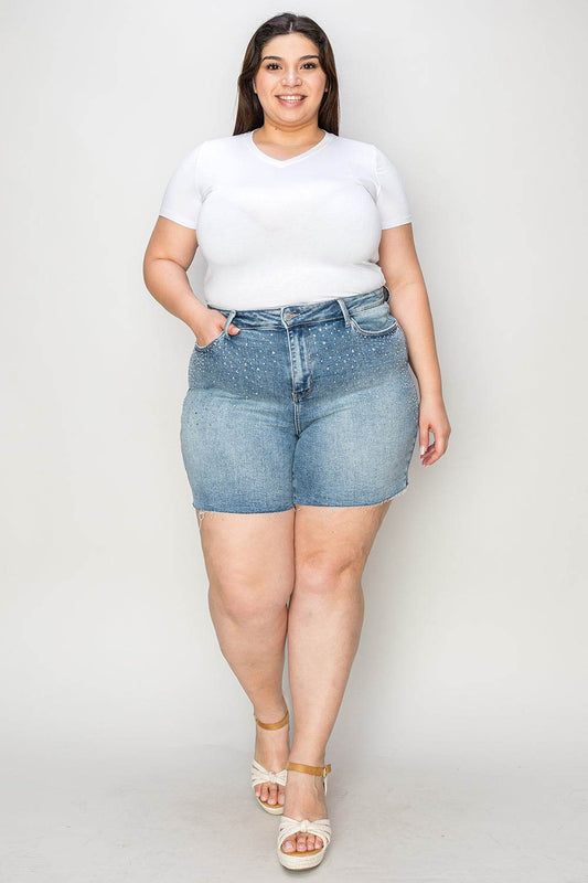 Judy Blue Full Size High Waist Rhinestone Decor Denim Shorts - Hovatok