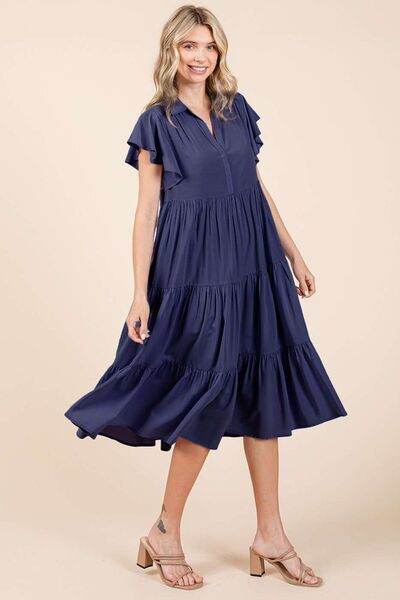 Mittoshop Ruffle Sleeve Collared V Neck Tiered Midi Dress - Hovatok