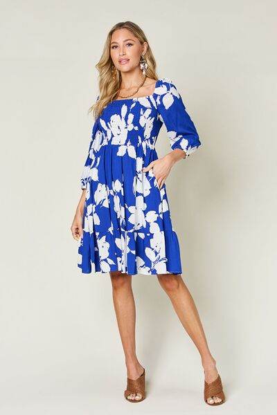 Double Take Full Size Floral Ruffle Hem Smocked Dress with Pockets - Hovatok