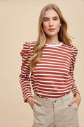 Annie Wear Striped Round Neck Puff Sleeve French Terry Top - Hovatok