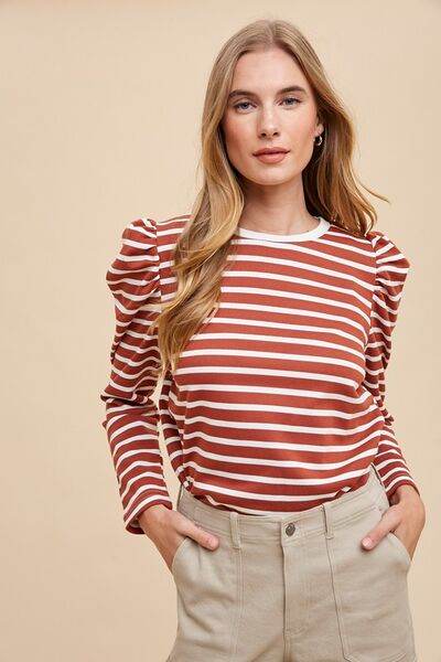 Annie Wear Striped Round Neck Puff Sleeve French Terry Top - Hovatok