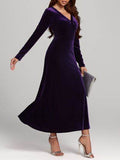 V-Neck Long Sleeve Velvet Dress - Hovatok
