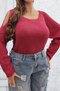 Plus Size Cold Shoulder Round Neck Sweater - Hovatok