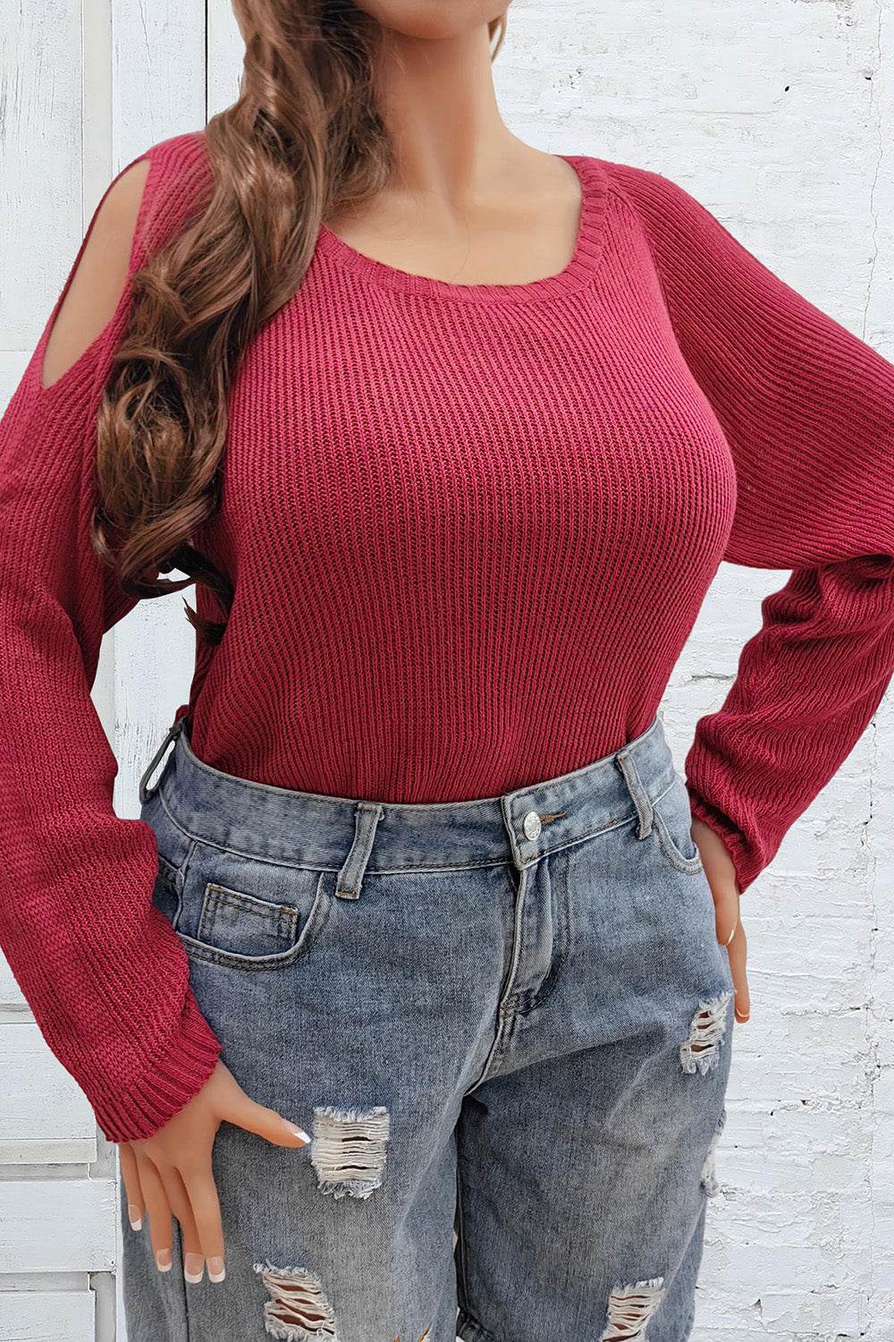 Plus Size Cold Shoulder Round Neck Sweater - Hovatok