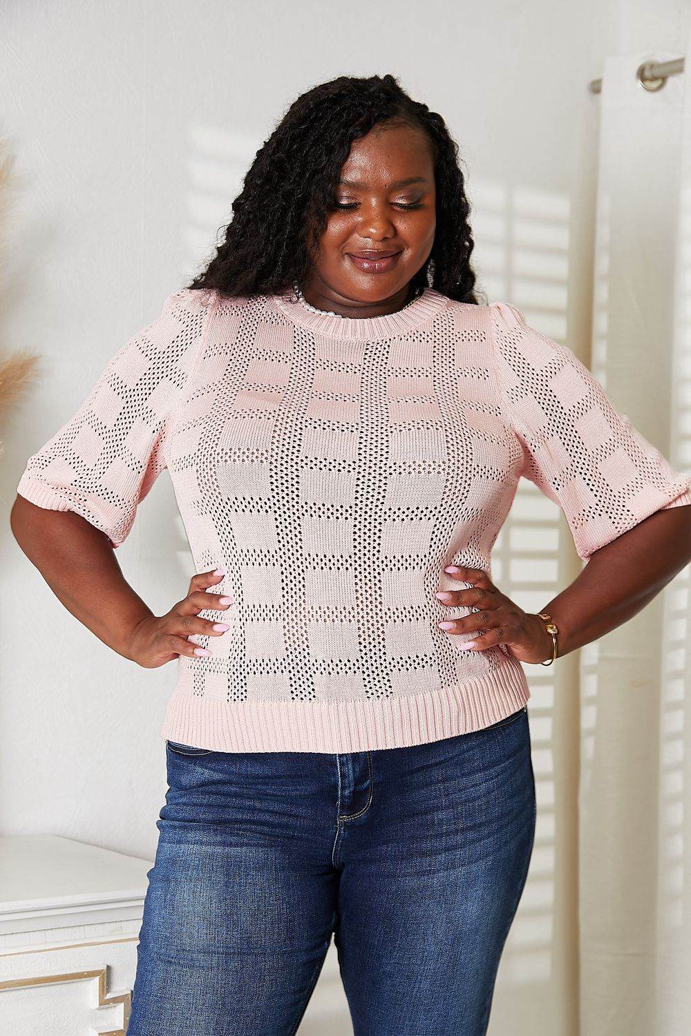 Mandy Ribbed Trim Round Neck Knit Top - Hovatok