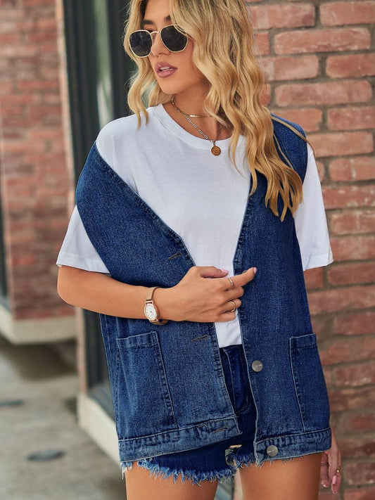 Full Size V-Neck Button Up Denim Vest - Hovatok