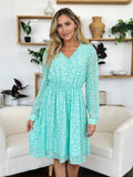 Double Take Full Size Printed Ruched V-Neck Long Sleeve Dress - Hovatok